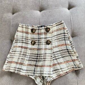 Zara High Waist Tweed Shorts - Cream and Black